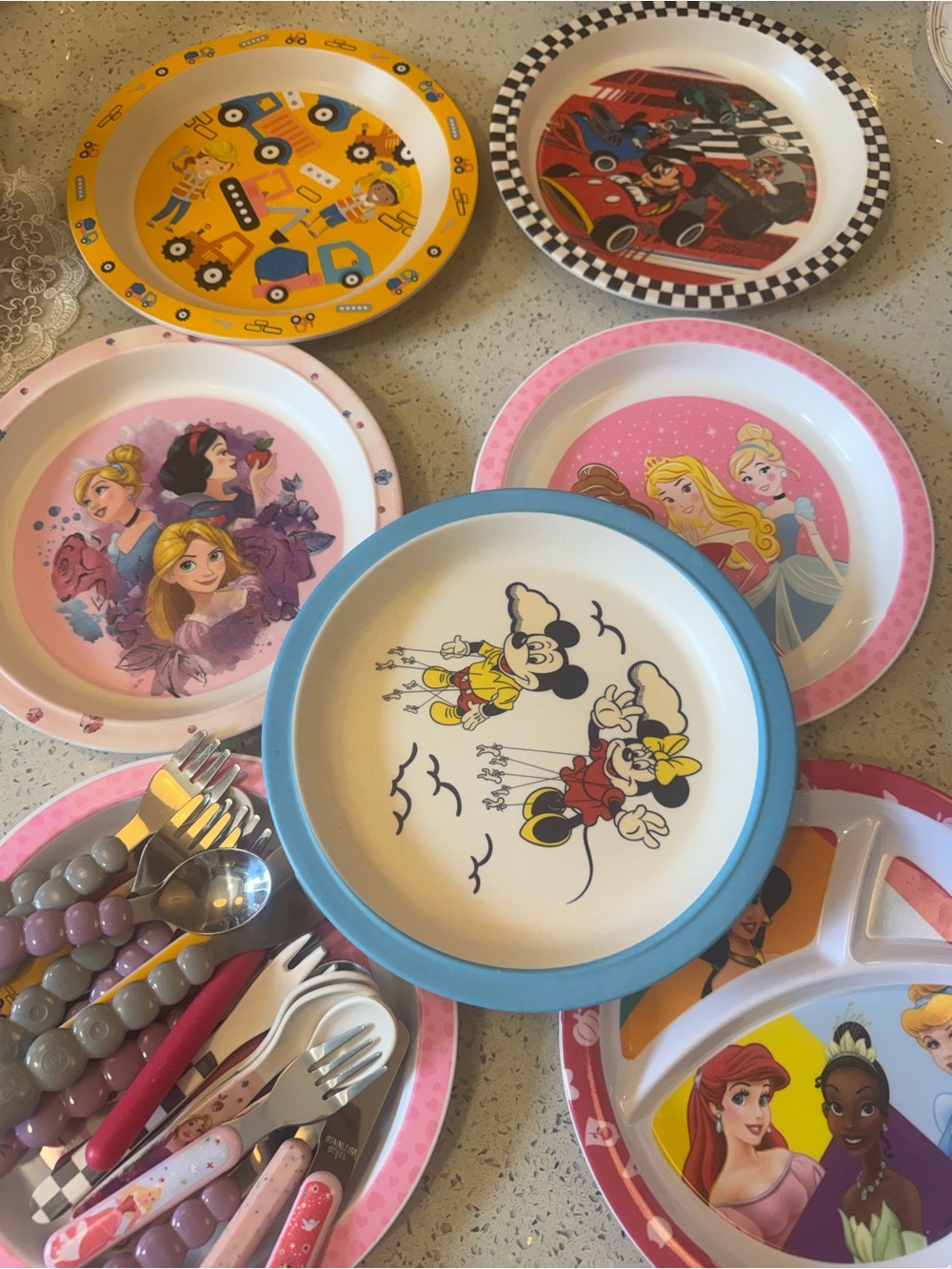 Disney Kids Plate Set with Blue, Pink, Yellow, Red, White Accents